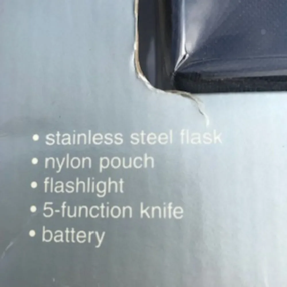5Pc Flask Set Stainless Steel Flask . Nylon Pouch . Flashlight . Knife . Battery